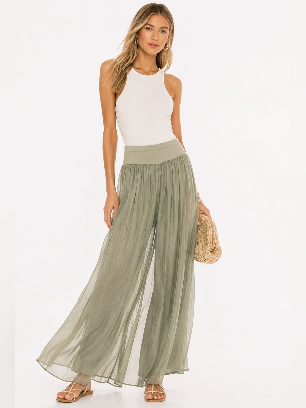 100% Silk Sage Green Wide Leg Palazzo Pants Made in Italy Boutique